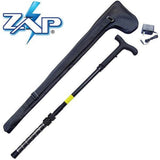 Contents layout showing the ZAP Cane stun gun walking cane, built‑in flashlight handle, charging cable, and included accessories arranged on a flat surface.