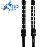 Close view of the ZAP Cane stun gun showing the electrified electrodes positioned near the top of the cane shaft below the flashlight.