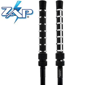 Close view of the ZAP Cane stun gun showing the electrified electrodes positioned near the top of the cane shaft below the flashlight.
