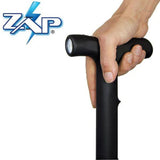 Hand gripping the ZAP Cane stun gun’s curved handle with the built‑in flashlight positioned at the front.