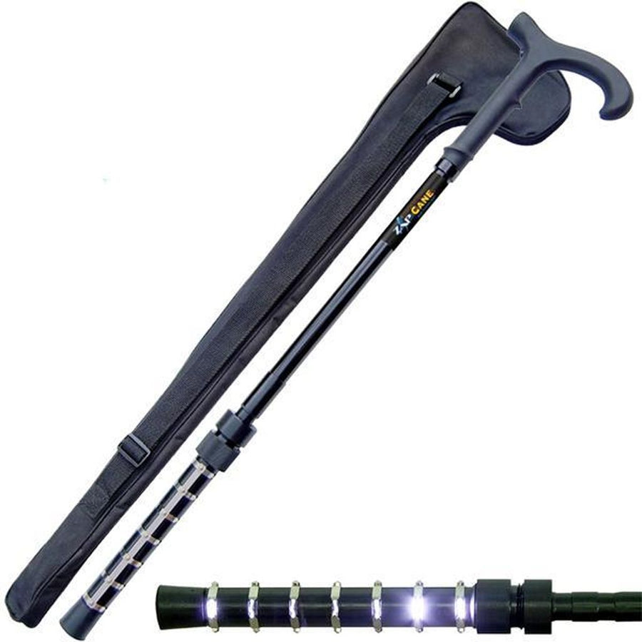 ZAP adjustable walking cane with built-in stun gun and LED flashlight for mobility and personal protection.