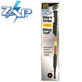 Retail packaging for the ZAP Hike‑N‑Strike stun gun hiking staff showing the product image, branding, and listed features on the front of the box.