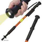  ZAP Hike‑N‑Strike stun gun hiking staff shown turned on, with the built‑in flashlight illuminated at the top of the handle.
