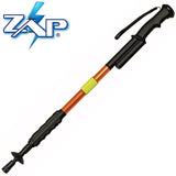 Side view of the ZAP Hike‑N‑Strike stun gun hiking staff showing the full shaft, ergonomic handle, and built‑in flashlight at the top.