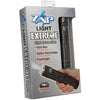 Retail packaging for the ZAP Light Extreme stun gun flashlight showing the device with spiked electrodes, branding, and listed features on the front of the box.