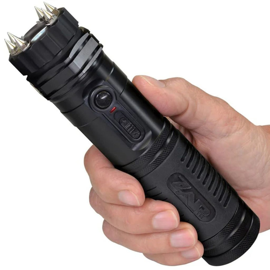 ZAP Light Extreme rechargeable stun gun flashlight with six spiked electrodes, 120-lumen LED flashlight, and carrying case.