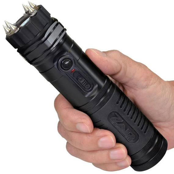 ZAP Light Extreme rechargeable stun gun flashlight with six spiked electrodes, 120-lumen LED flashlight, and carrying case.