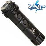 ZAP Light Mini rechargeable stun gun flashlight with bright LED light, wrist strap, and nylon belt holster.