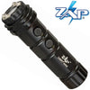 ZAP Light Mini rechargeable stun gun flashlight with bright LED light, wrist strap, and nylon belt holster.