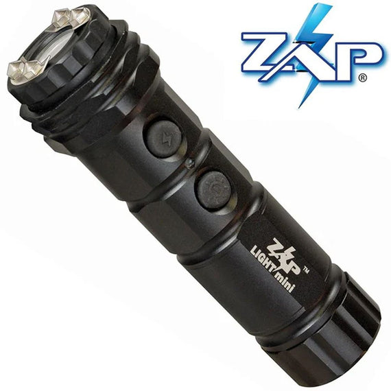 ZAP Light Mini rechargeable stun gun flashlight with bright LED light, wrist strap, and nylon belt holster.