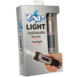 Retail packaging for the ZAP Light stun gun flashlight showing the product image, branding, and listed features on the front of the box.