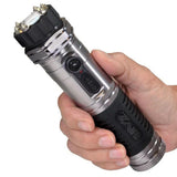 ZAP Light rechargeable stun gun flashlight with six LED lights, aluminum body, wall charger, vehicle charger, and nylon carrying case.