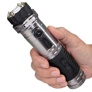 ZAP Light rechargeable stun gun flashlight with six LED lights, aluminum body, wall charger, vehicle charger, and nylon carrying case.